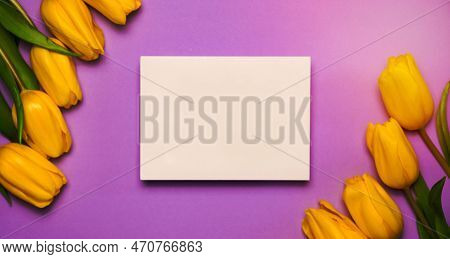Spring Background With Yellow Tulips And Empty Card For Text. Easter, Mpther's Day, Women's Day