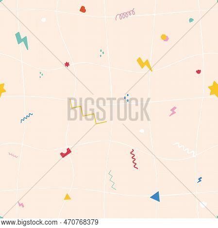 Vector Modern Abstract Palyful Shapes Children Design On Graph Checks Seamless Pattern Background. P