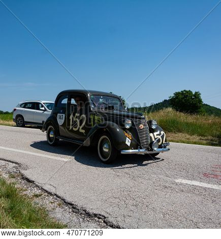Fiat 1100 B Berlina 1949 On An Old Racing Car In Rally Mille Miglia 2022 The Famous Italian Historic