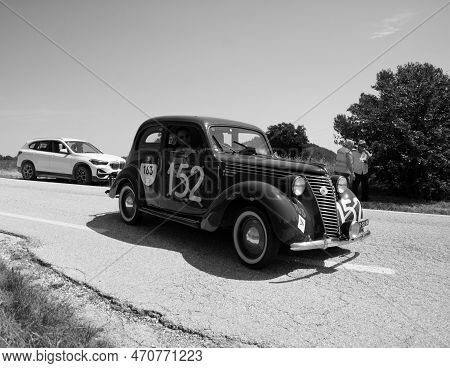 Fiat 1100 B Berlina 1949 On An Old Racing Car In Rally Mille Miglia 2022 The Famous Italian Historic