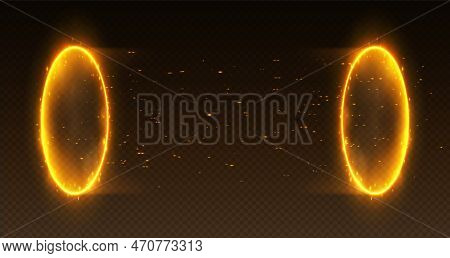 Magic Fire Portal, Realistic Teleport Tunnel With Smoke And Sparkles, Futuristic Glowing Golden Neon