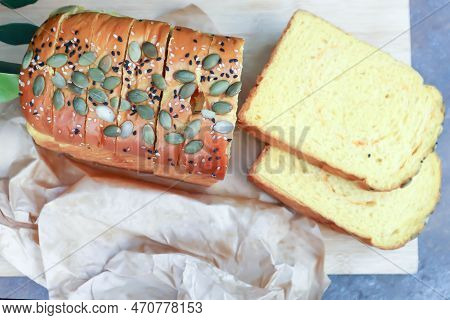 Bread , Pumpkin Bread Or Loaf Of Bread Or Sliced Bread Or Cut Bread With Pumpkin Seed And Sesame Top