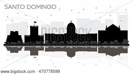 Santo Domingo Dominican Republic City Skyline Black And White Silhouette With Reflections. Simple Fl