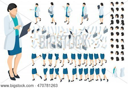 Isometric Brown-haired Woman Character Constructor. Front And Back View. Various Options For Hairsty