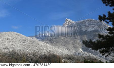 France, Isera Department. Winter Prealpine Landscape, Snow-covered Peak In The Chartreuse Mountain R