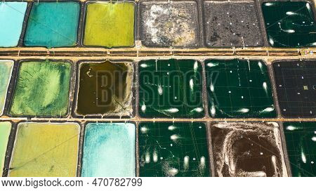Multi-colored Ponds With With Aerator Pump At The Shrimp Farm. Philippines. Prawn Farm With Aerator 