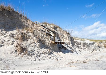 Beach Acess And Sand Dunes Damaged By Hurricane On The Atlantic Coast On Jekyll Island, Georgia