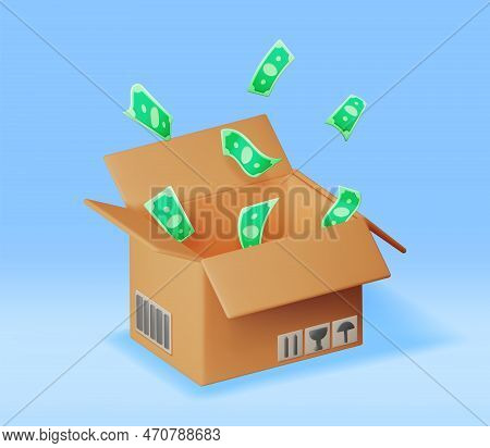 3d Cardboard Box With Dollar Banknotes Inside Isolated. Open Carton Package With Cash Money. Donate 