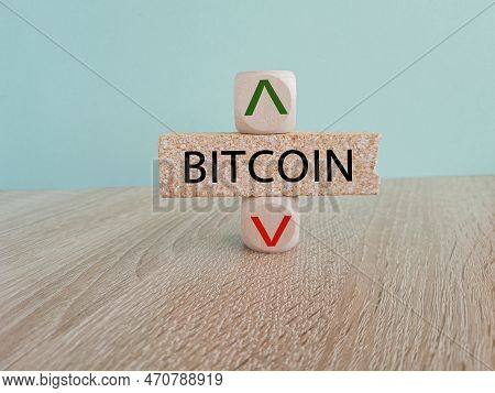 Bitcoin Rate Symbol. A Wooden Cubes With Up Arrow. Brick Block With The Concept Word Bitcoin. Beauti