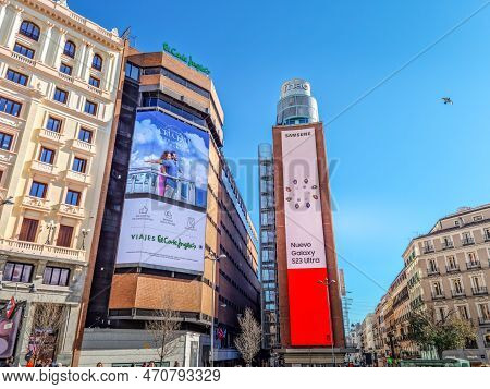 Madrid, Spain - 06 February, 2023: View Of The Skyscrapers In The Plaza Del Callao Square. The Squar