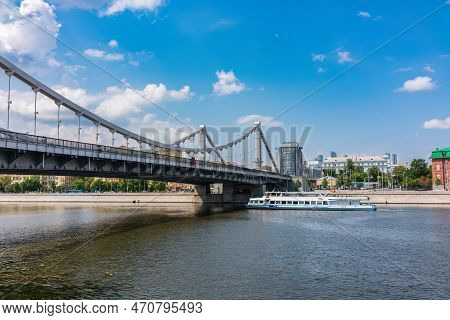 Krymsky Bridge Or Crimean Bridge In Moscow And Cruise Ship Sails On The Moscow River