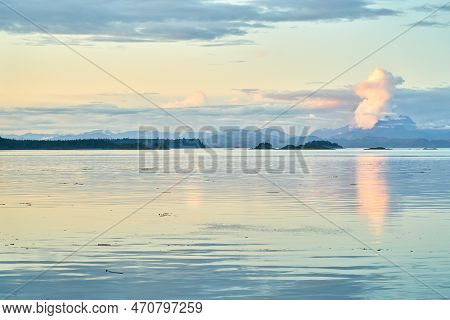 Johnstone Strait Islands Dusk Vancouver Island. Sunshine And Clouds Over Johnstone Strait Between Va