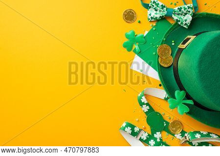 Top View Photo Of St Patrick's Day Party Accessories Leprechaun Cap Suspenders Gold Coins Envelope P