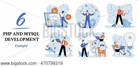Php And Mysql Development Metaphor. Software Website Developer With Computer, Programmer Service, Op