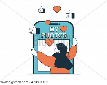 Internet Addiction Concept With Character Situation. Woman Addicted To Attention On Internet, Suffer