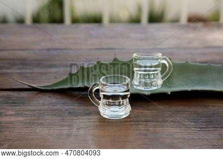Mexican Tequila Shots And Green Leaf On Wooden Table. Drink Made Of Agava
