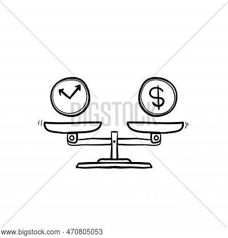Time Is Money On Scales Icon. Money And Time Balance On Scale. Weights With Clock And Money Coin. Ve