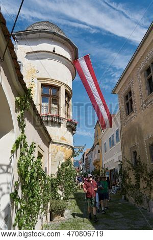 Duernstein, Austria - June 16, 2022: Tourists In The Main Street Of The Small Town Of Duernstein In 