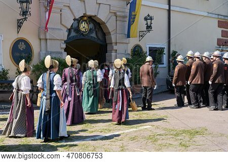 Duernstein, Austria - June 16, 2022: The Traditional Costume Group Duernstein During A Procession On