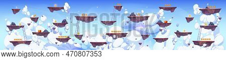 Flying Rock Islands Vector Game Background Sky Landscape. 2d Ui Level Map With Floating Platform, Go