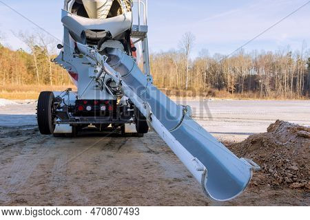 An Especially Concrete Mixing Truck Is Delivered To Construction Site Ready To Pour Out Concrete Mix