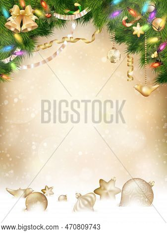Tree Branches With Golden Baubles, Vertical Banner. Eps 10 Vector File Included