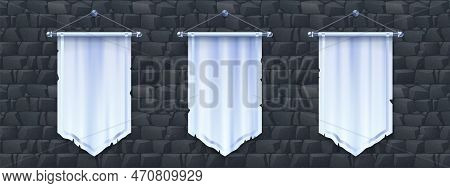 Blank Vertical Medieval Flag Mockup For Game Design. Isolated 3d White Pennon Hanging On Stone Wall 