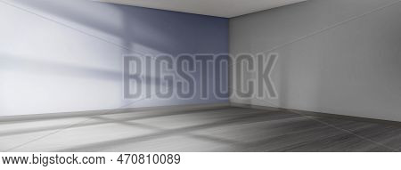 Empty Room With Blue Wall And Gobo Light Effect Through Window. Minimal Corner Background With Reali