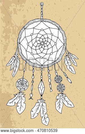 Black And White Vector Graphic Illustration With Mystic, Esoteric And Occult Symbol Of Dreamcatcher 