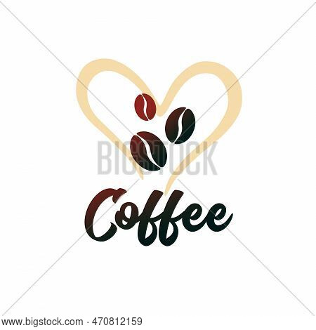 Coffee Logo With Coffee Beans And Aroma Heart Shape. Identy For Cappuccino Drink With Coffee Beans A