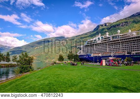 Flam, Norway, August 17 2022: A Cruise Ship Moored At The Inner End Of Aurlandsfjord With Flam River