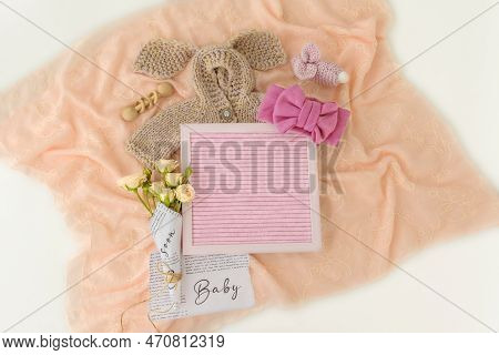 Mockup Of Social Media Baby Announcement. Pregnancy Announcement Background With Blurred . Selective