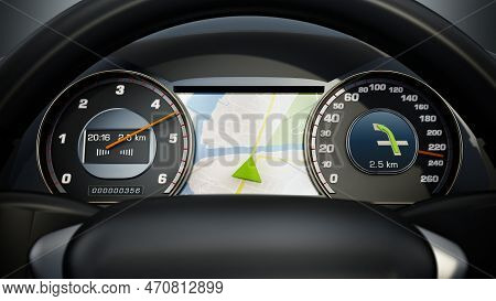 Modern Sports Car Steering Wheel And Cocpit With Navigation Screen. 3d Illustration.