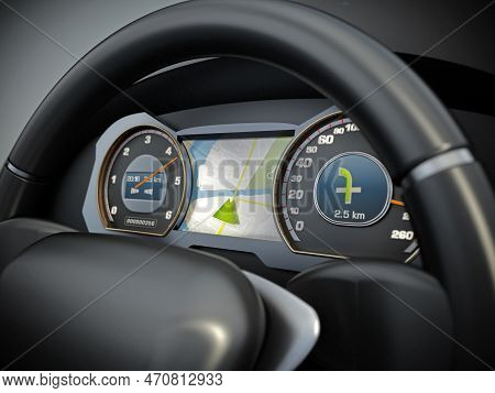 Modern Sports Car Steering Wheel And Cocpit With Navigation Screen. 3d Illustration.