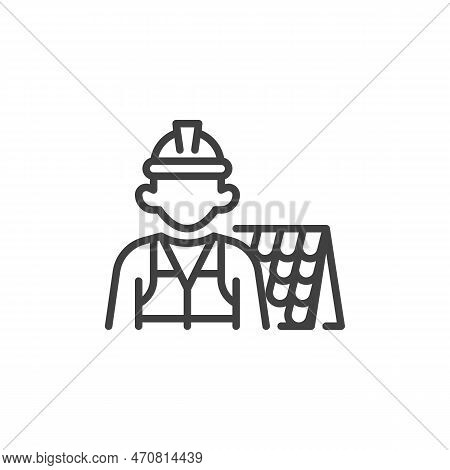 Roof Repair Service Line Icon. Construction Worker And Roof Linear Style Sign For Mobile Concept And