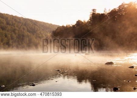 Warmy Orange Summer Morning Sunrise Landscape On River - Soft Haze Above Water With Ripple Of Sun, D