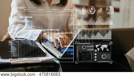 Business Hand Project Manager Working And Update Tasks And Gantt Chart Scheduling Virtual Diagram.wi