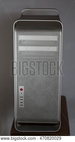 Itterbeck, Germany - Nov 11 2022 Front Of A Apple Mac Pro 1st Generation Tower Computer. The Case Of