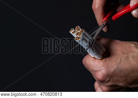 Quit Smoking. Closeup Of Man Hands Holding Bunch Of Cigarettes And Cutting Them In Halves With Sciss