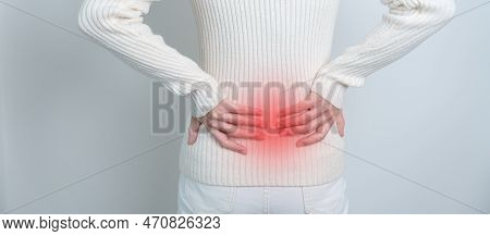 Woman Having Back Pain. Urinary System And Stones, Cancer, World Kidney Day, Chronic Kidney Stomach,