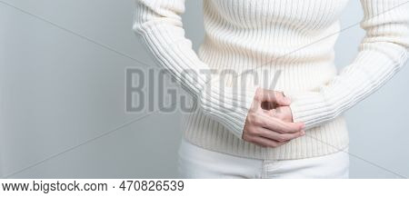 Woman Having Stomach Pain. Ovarian And Cervical Cancer, Cervix Disorder, Endometriosis, Hysterectomy