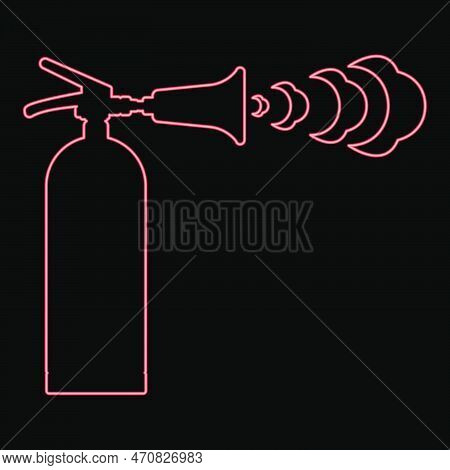Neon Fire Extinguisher In Action With Foam Bubbles Jet For Extinguishing Puts Out Fire Fighting Red 