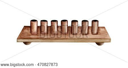 Horizontal Bronze Candlestick For Seven Candles, Unusual Watercolor Menorah. Passover Jewish Holiday