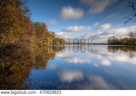 Panoramic Image Of Unterbach Lake Close To Dusseldorf During Autumn, Germany