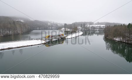 Panoramic Image Of Bigge Lake On A Foggy Winter Day, Sauerland, Germany