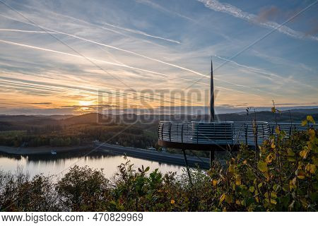 Panoramic Image Of View Point Bigge Lake During Sunset, Recreation And Hiking Area Of Sauerland, Ger