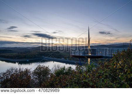 Panoramic Image Of View Point Bigge Lake During Sunset, Recreation And Hiking Area Of Sauerland, Ger