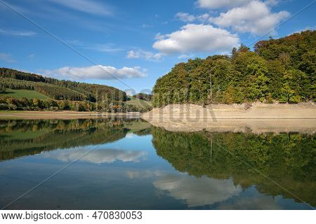 Panoramic Image Of Lake Henne During Autumn, Sauerland, Germany