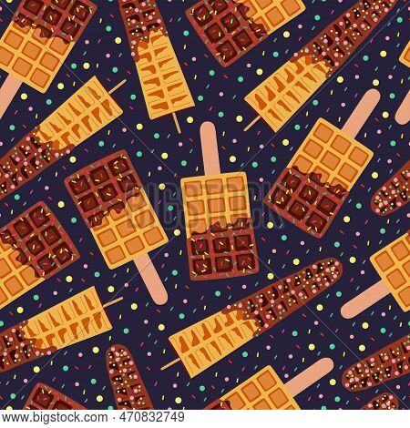 Sweet Food And Dessert Food, Vector Seamless Pattern Of Golden Brown Homemade Corn Dog Or Hot Dog Wa