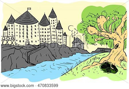 Hogwarts, Fairytale Castle, Weeping Willow And Burrow, A Small House By The River, Potter. Easy Sket